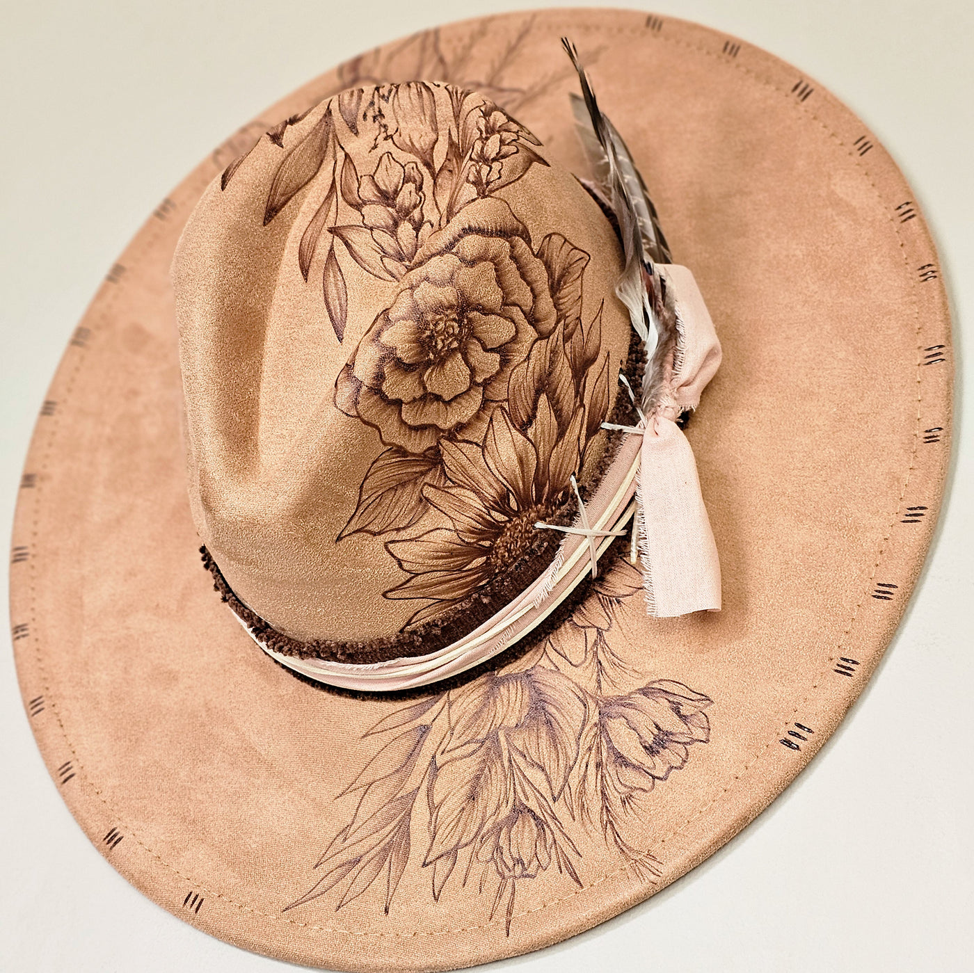 Floral Cascade || Tan Suede Burned Wide Brim Hat