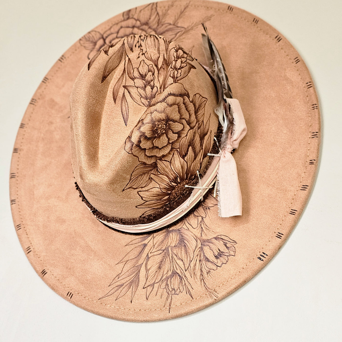 Floral Cascade || Tan Suede Burned Wide Brim Hat
