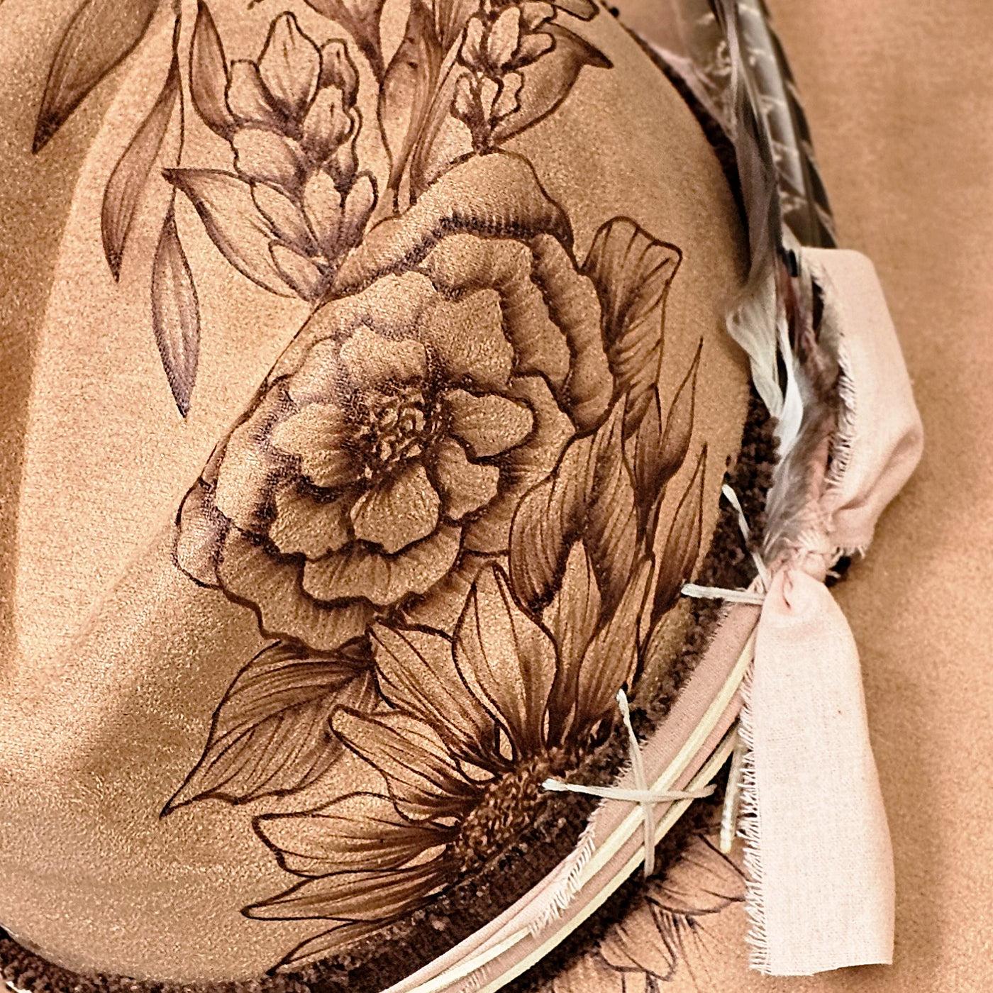 Floral Cascade || Tan Suede Burned Wide Brim Hat