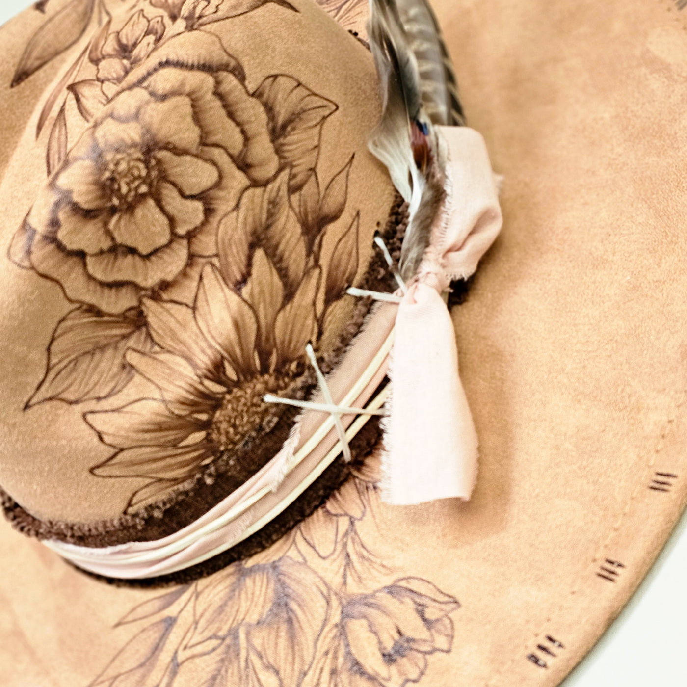 Floral Cascade || Tan Suede Burned Wide Brim Hat