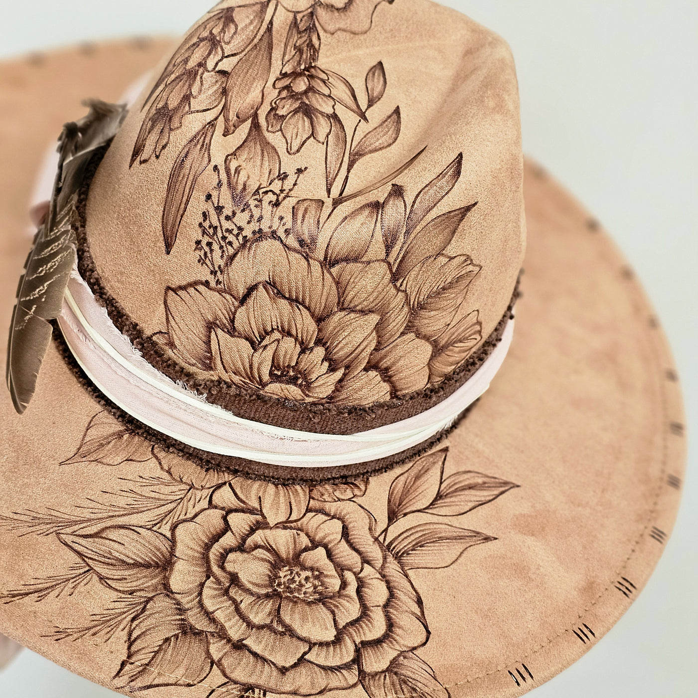 Floral Cascade || Tan Suede Burned Wide Brim Hat