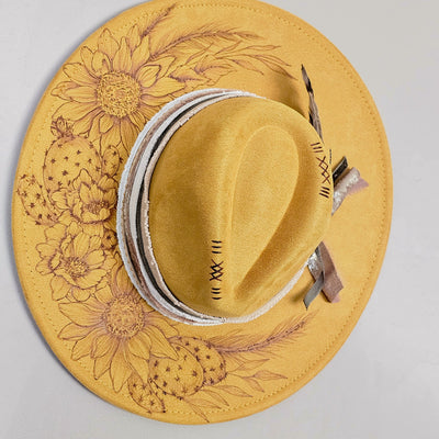 Summertime || Mustard Suede Burned Wide Brim Hat