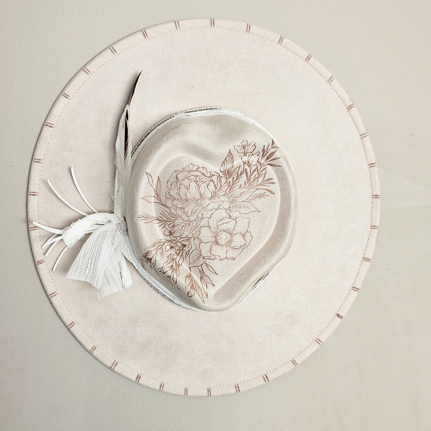 Wedding Day || Ivory Suede Burned Wide Brim Heart Hat