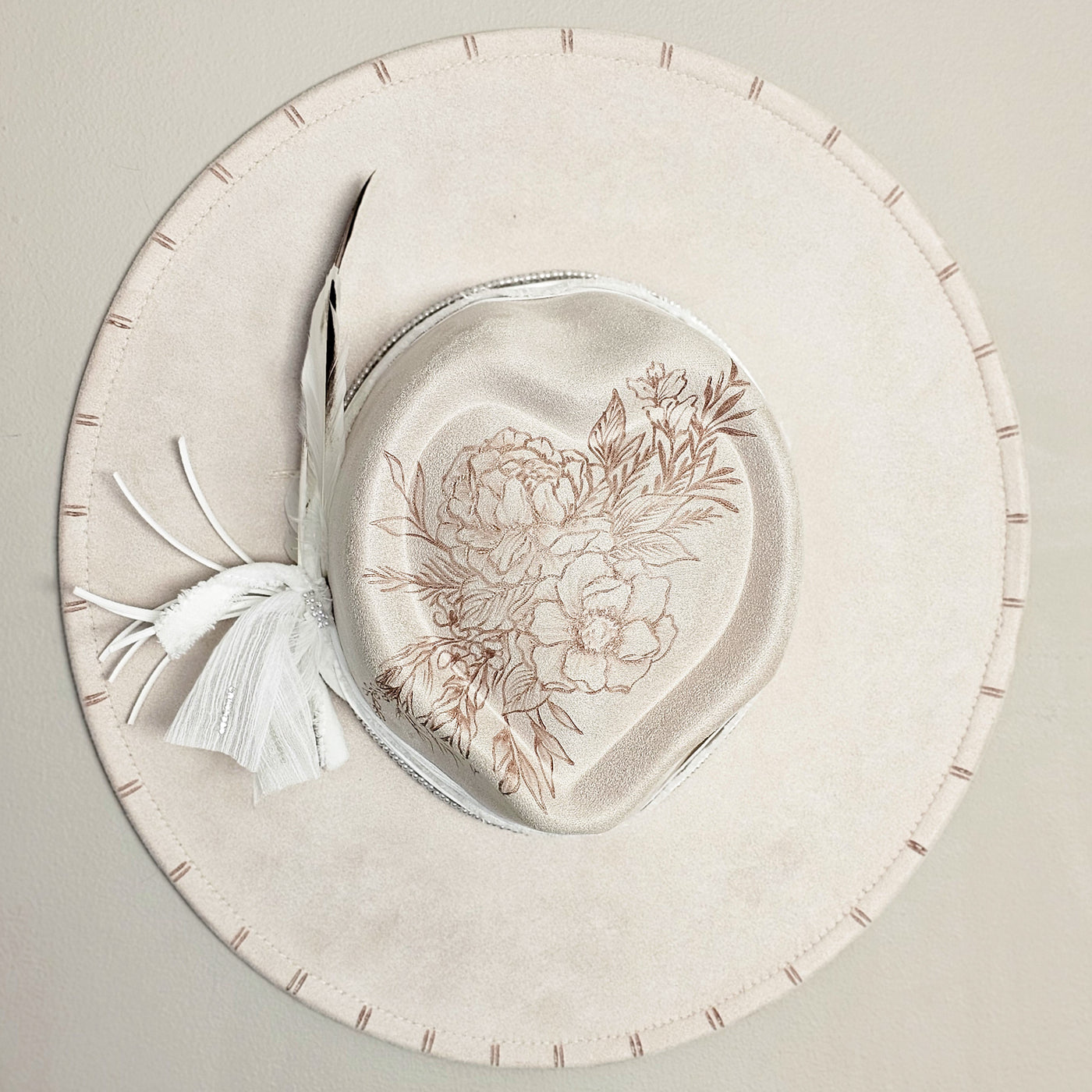 Wedding Day || Ivory Suede Burned Wide Brim Heart Hat