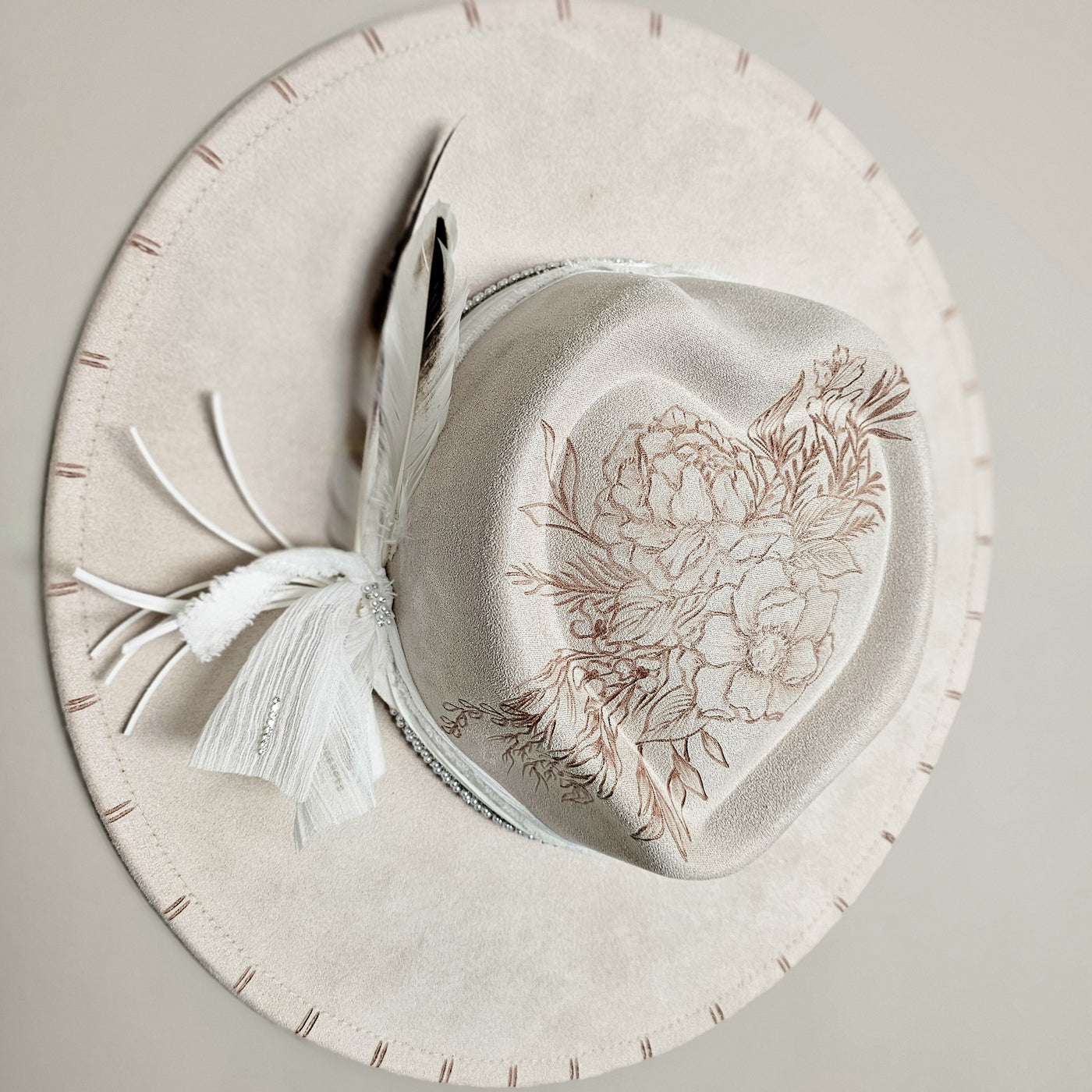 Wedding Day || Ivory Suede Burned Wide Brim Heart Hat