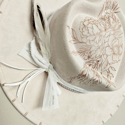 Wedding Day || Ivory Suede Burned Wide Brim Heart Hat
