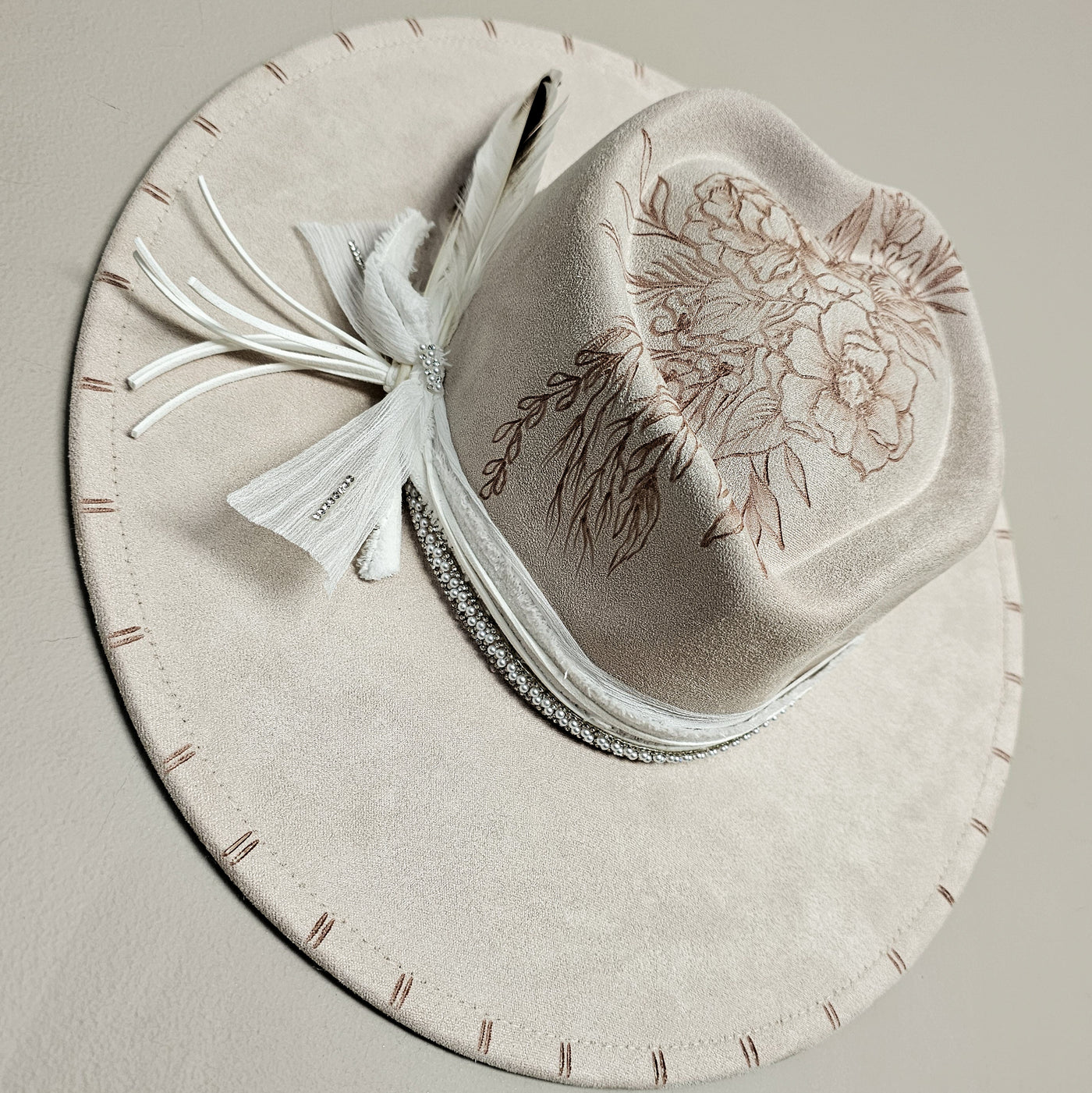 Wedding Day || Ivory Suede Burned Wide Brim Heart Hat