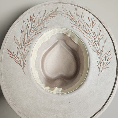Wedding Day || Ivory Suede Burned Wide Brim Heart Hat