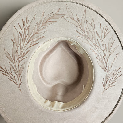 Wedding Day || Ivory Suede Burned Wide Brim Heart Hat