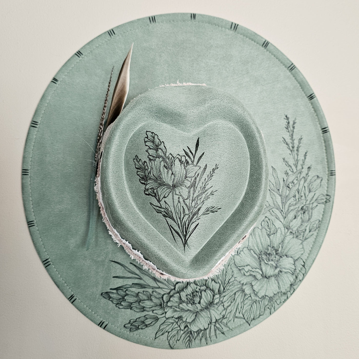 Lovingly Yours || Sage Green Suede Burned Wide Brim Heart Hat
