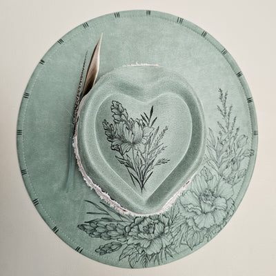 Lovingly Yours || Sage Green Suede Burned Wide Brim Heart Hat