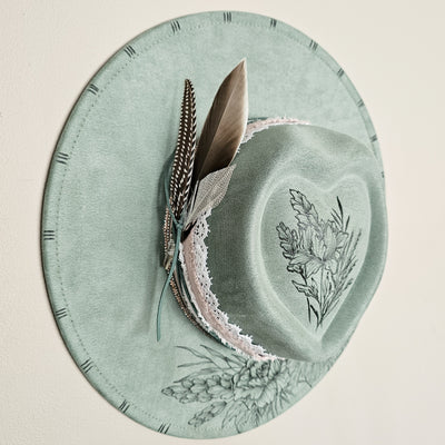 Lovingly Yours || Sage Green Suede Burned Wide Brim Heart Hat