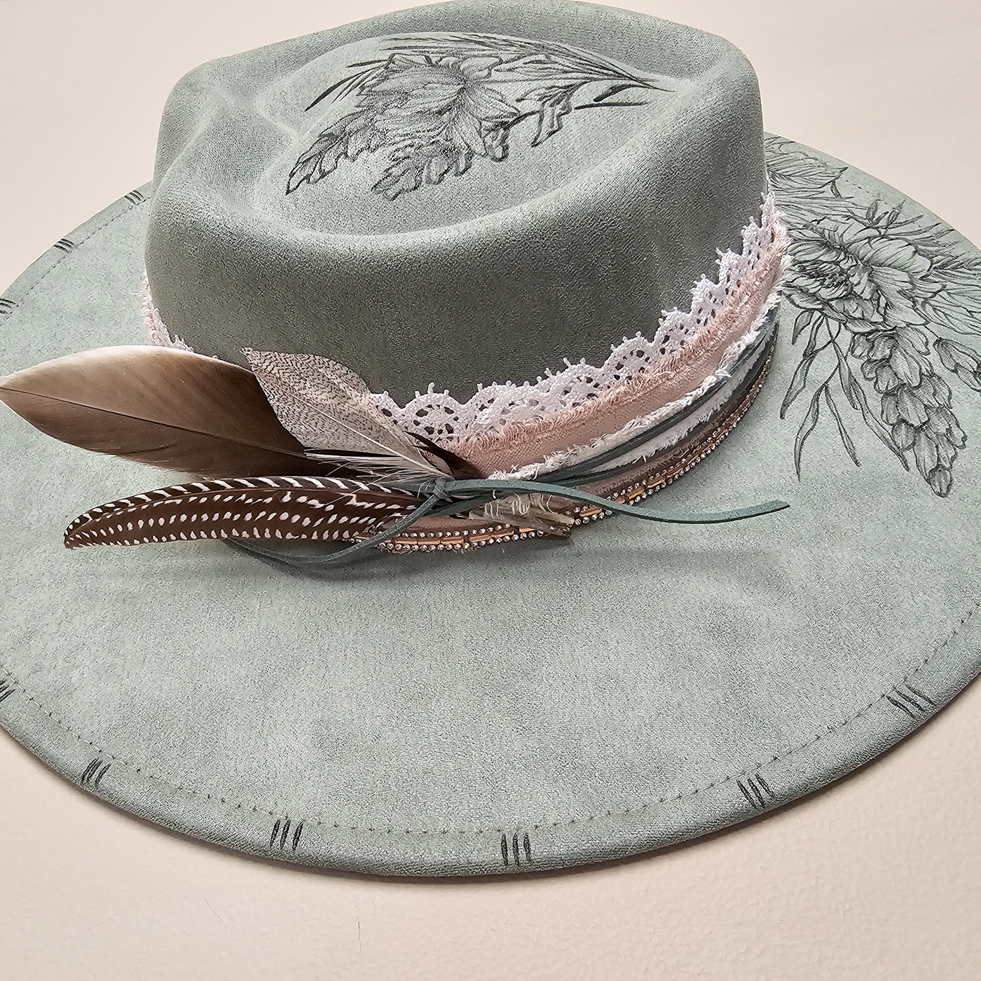 Lovingly Yours || Sage Green Suede Burned Wide Brim Heart Hat