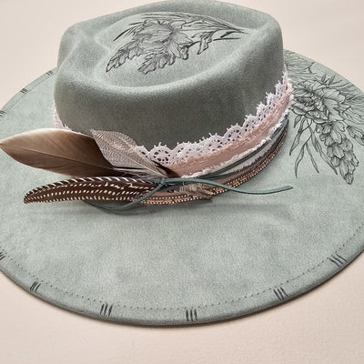Lovingly Yours || Sage Green Suede Burned Wide Brim Heart Hat