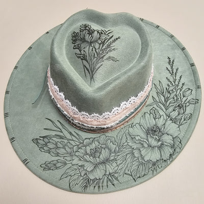 Lovingly Yours || Sage Green Suede Burned Wide Brim Heart Hat