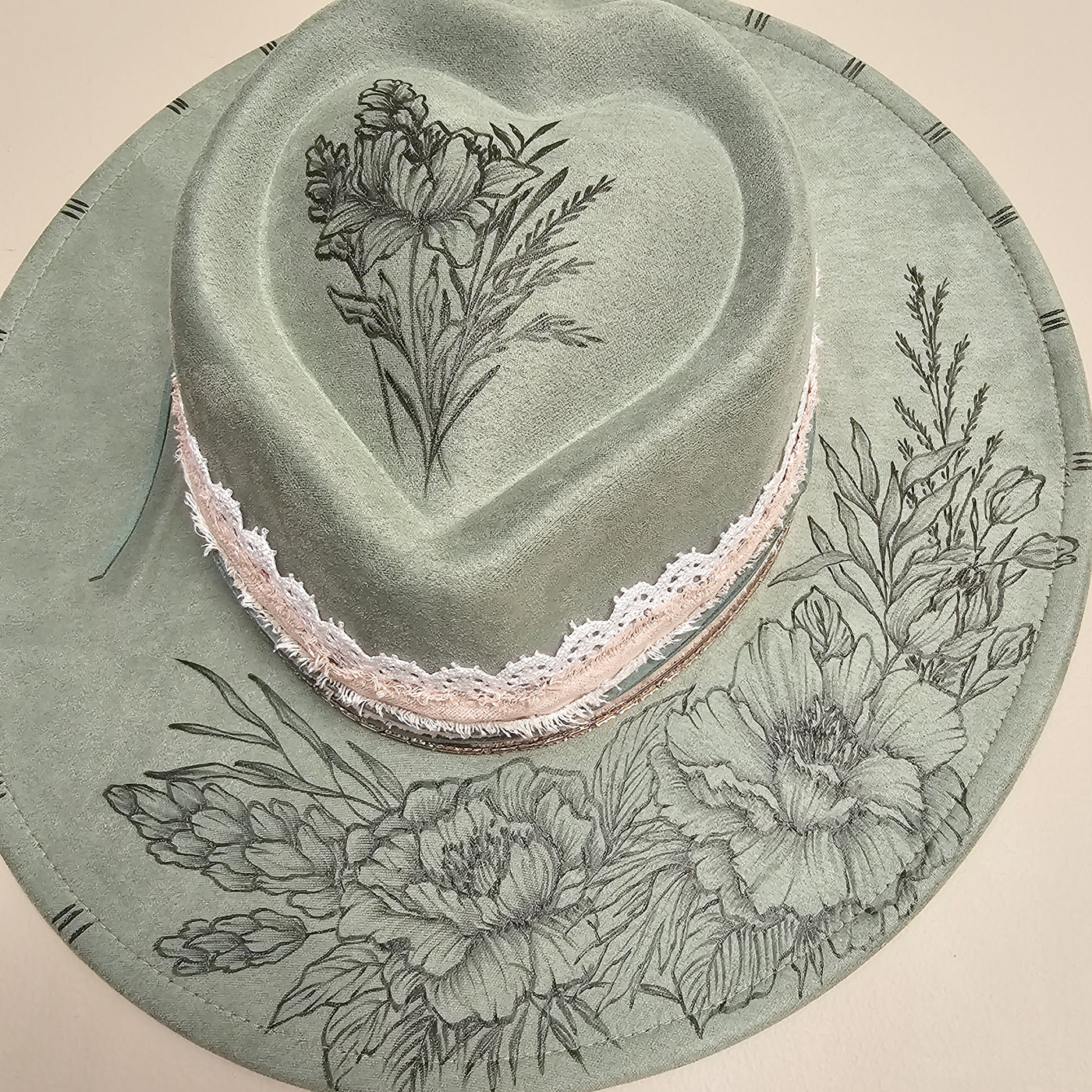 Lovingly Yours || Sage Green Suede Burned Wide Brim Heart Hat