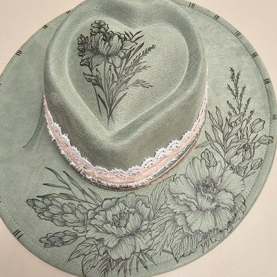 Lovingly Yours || Sage Green Suede Burned Wide Brim Heart Hat