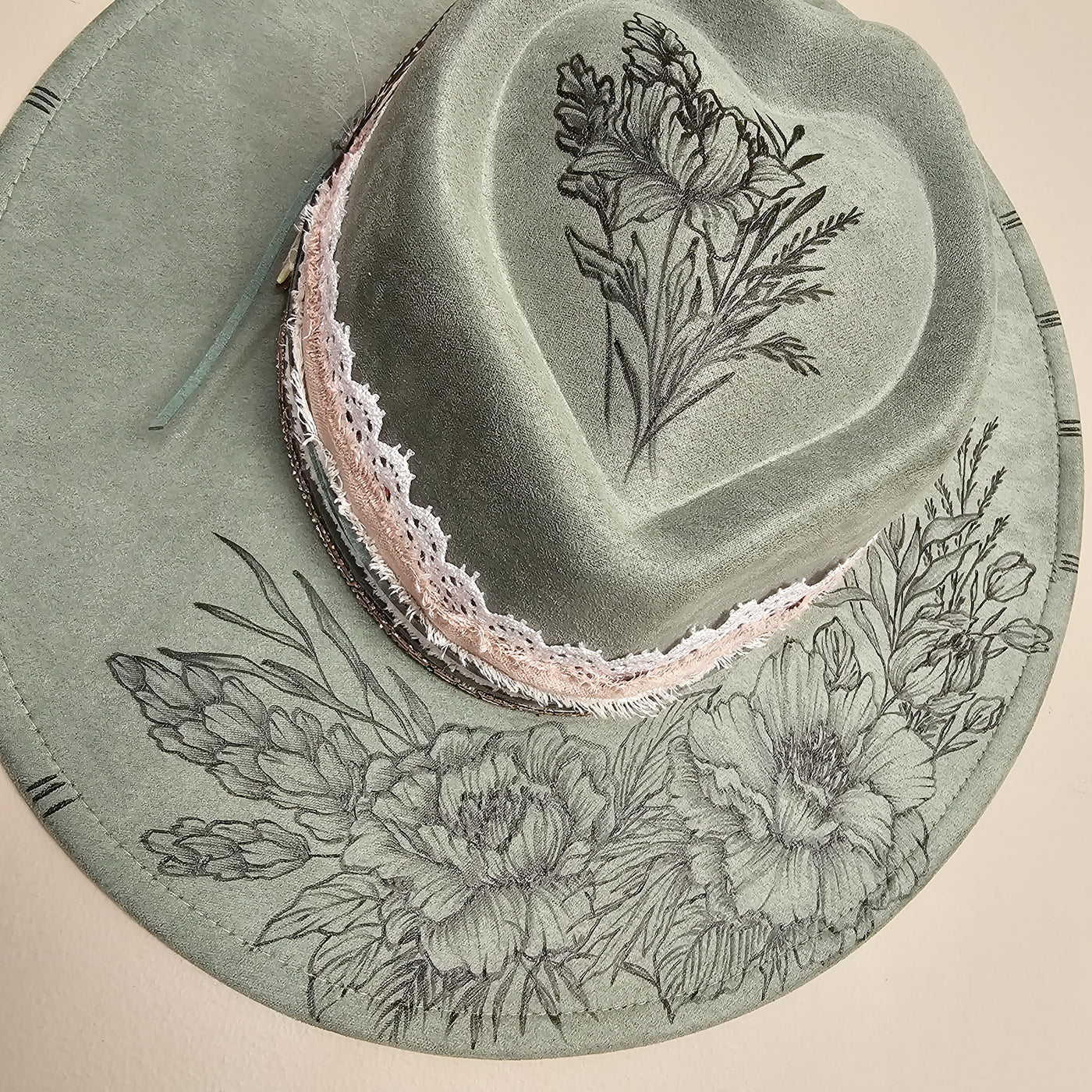 Lovingly Yours || Sage Green Suede Burned Wide Brim Heart Hat