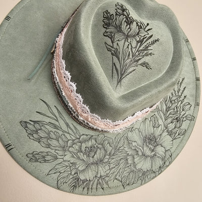 Lovingly Yours || Sage Green Suede Burned Wide Brim Heart Hat