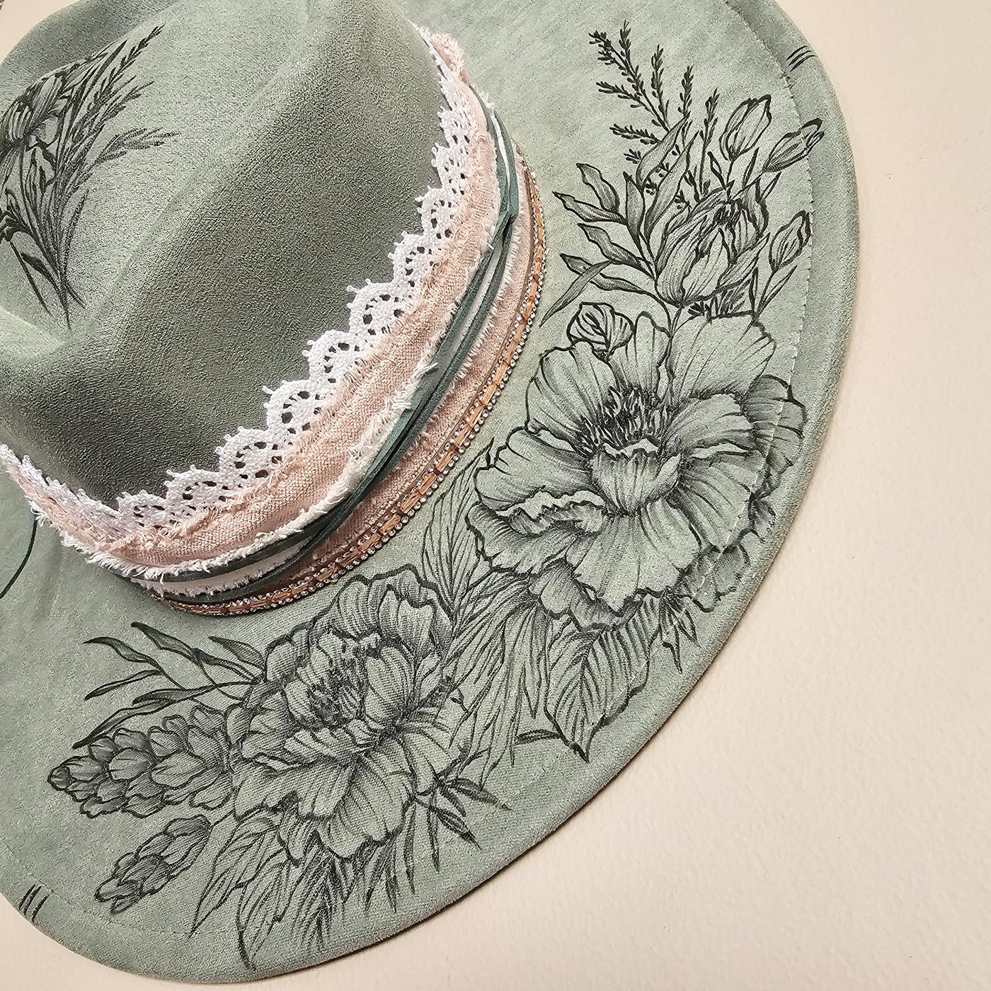 Lovingly Yours || Sage Green Suede Burned Wide Brim Heart Hat