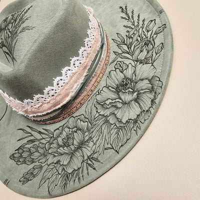 Lovingly Yours || Sage Green Suede Burned Wide Brim Heart Hat