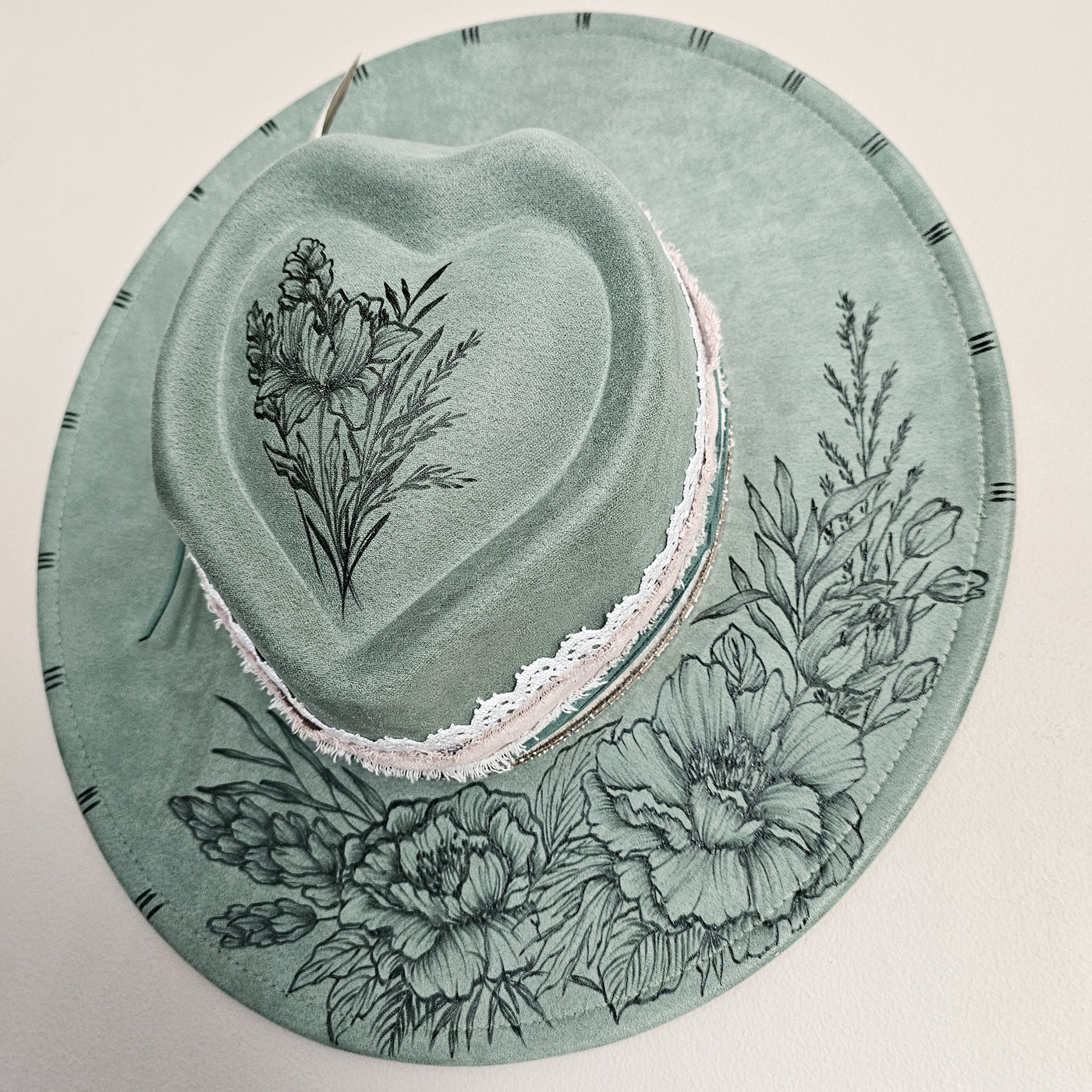 Lovingly Yours || Sage Green Suede Burned Wide Brim Heart Hat