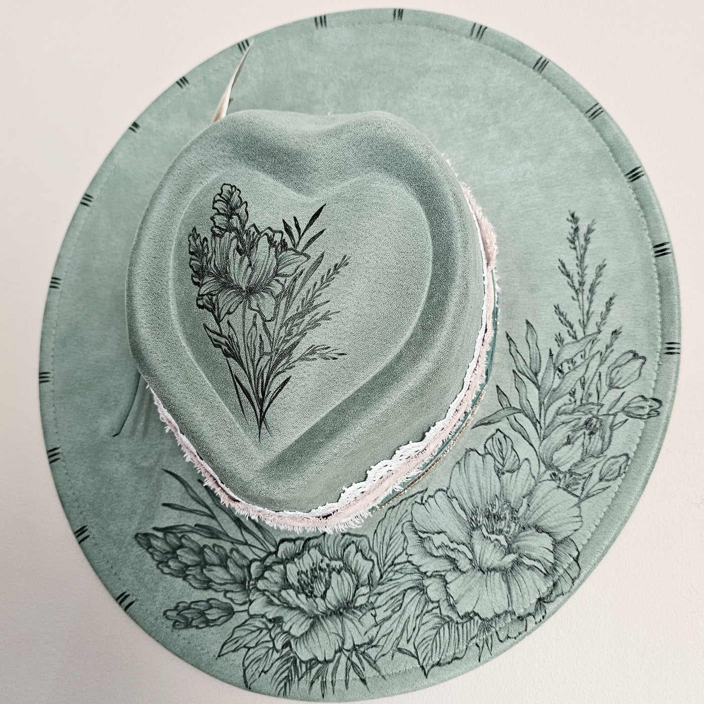 Lovingly Yours || Sage Green Suede Burned Wide Brim Heart Hat