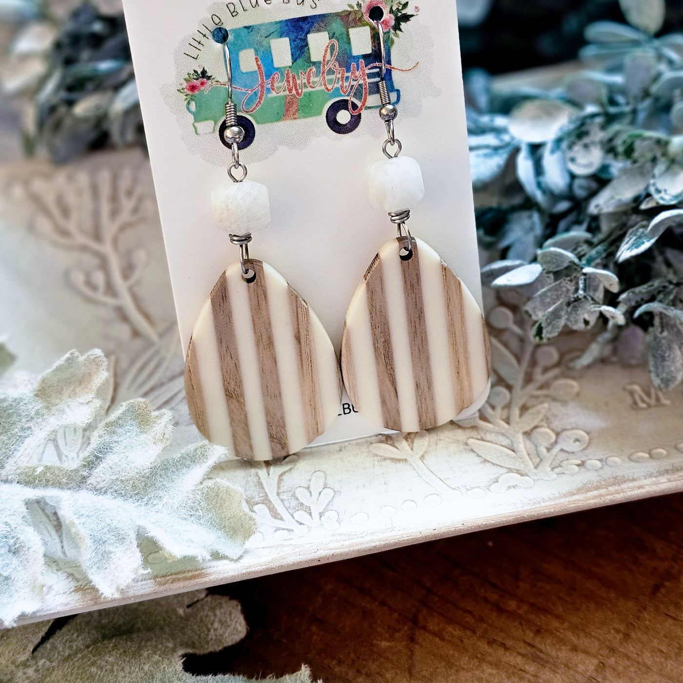 Moonstone + Wood Teardrop || Earrings