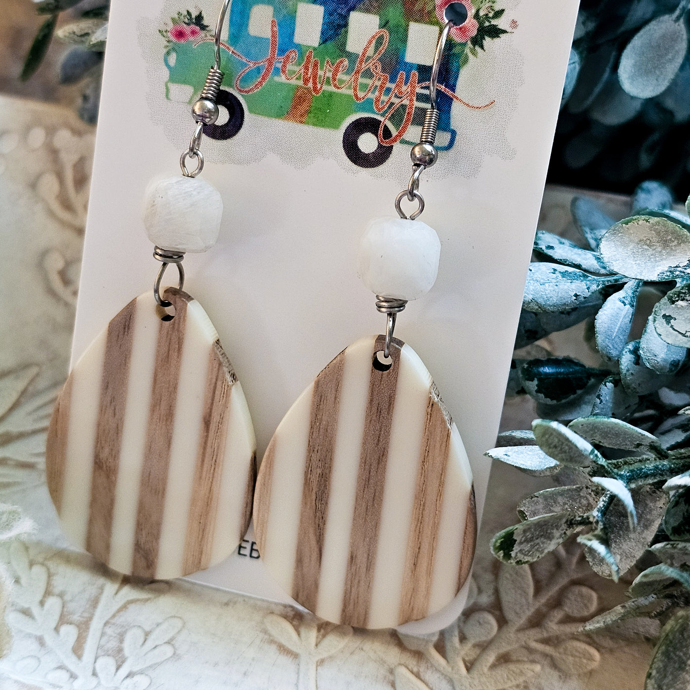 Moonstone + Wood Teardrop || Earrings