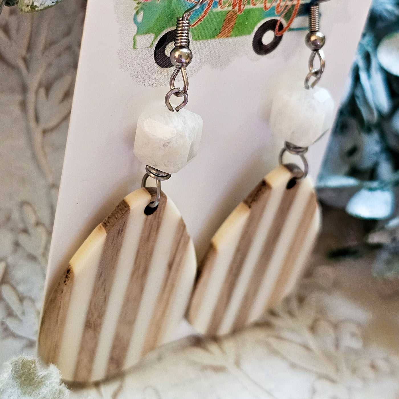 Moonstone + Wood Teardrop || Earrings