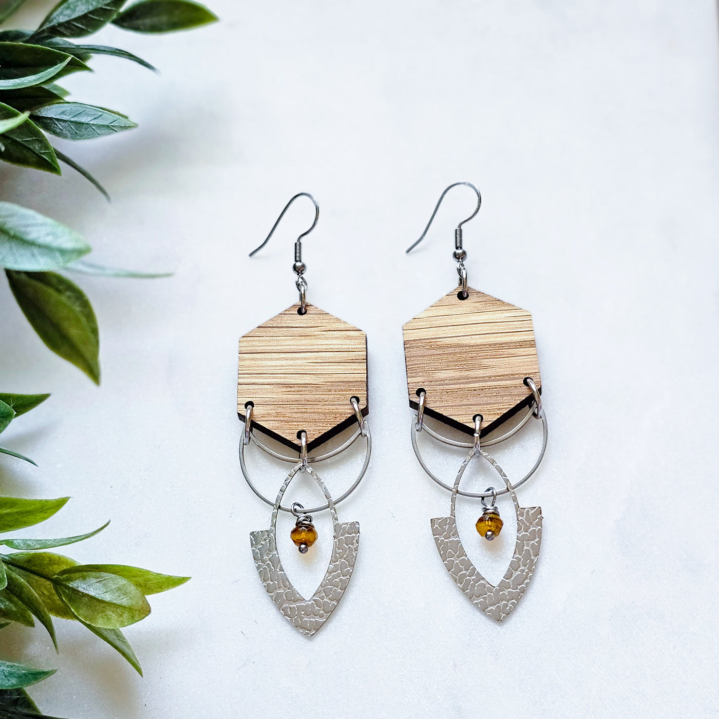 Layered Metal + Wood + Czech Bead || Earrings