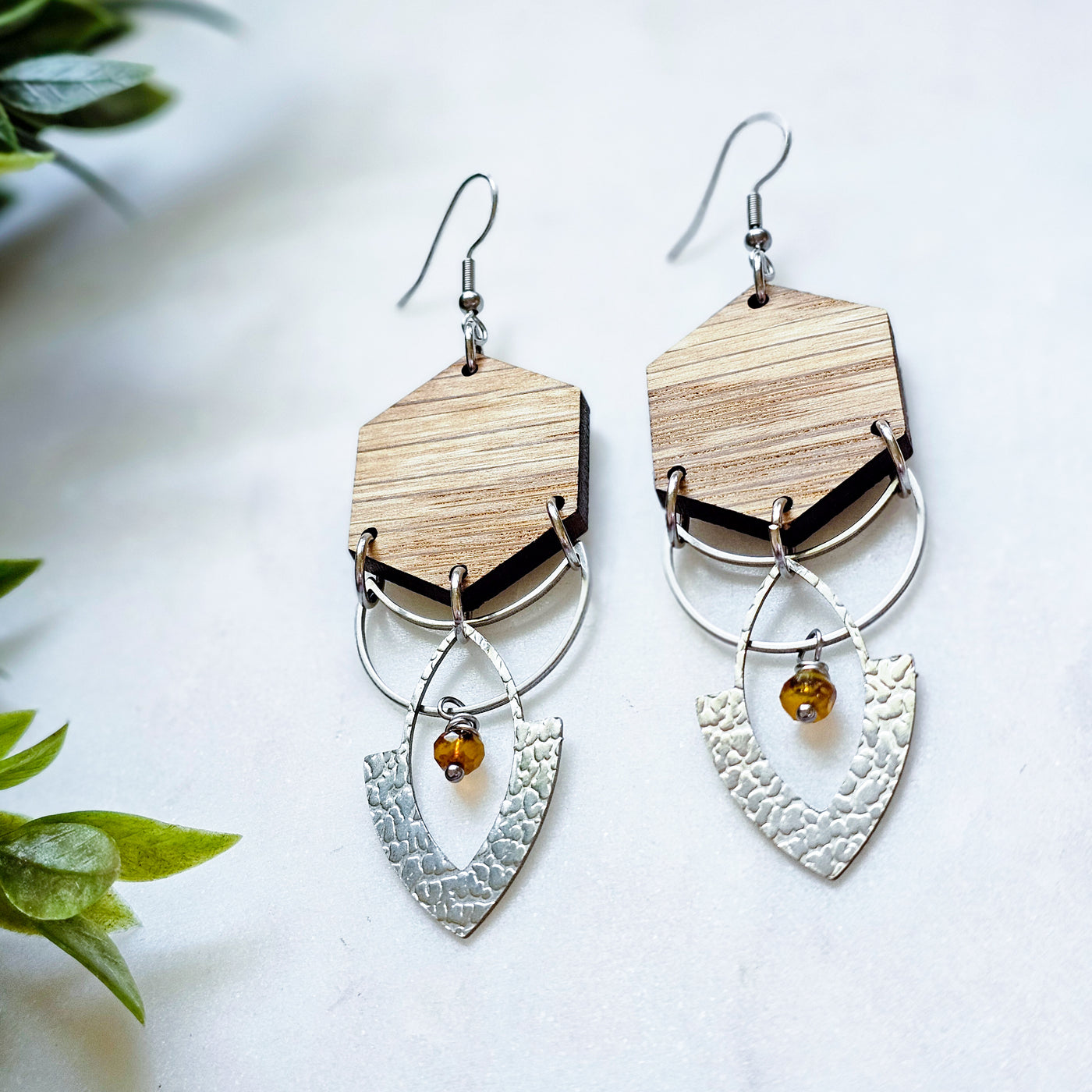 Layered Metal + Wood + Czech Bead || Earrings