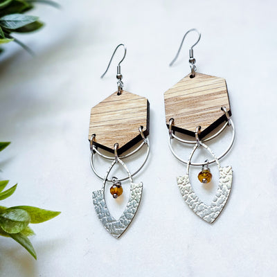Layered Metal + Wood + Czech Bead || Earrings