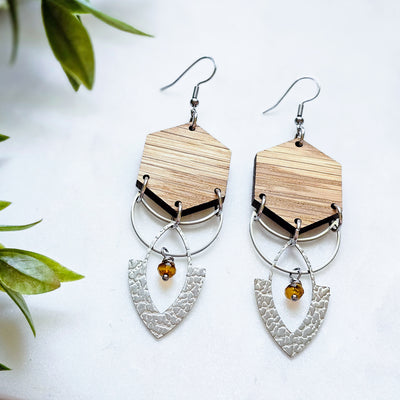 Layered Metal + Wood + Czech Bead || Earrings