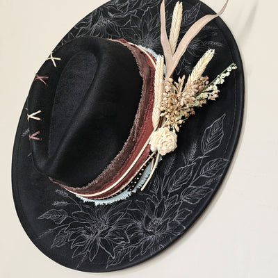 Black Beauty || Black Suede Burned Wide Brim Hat