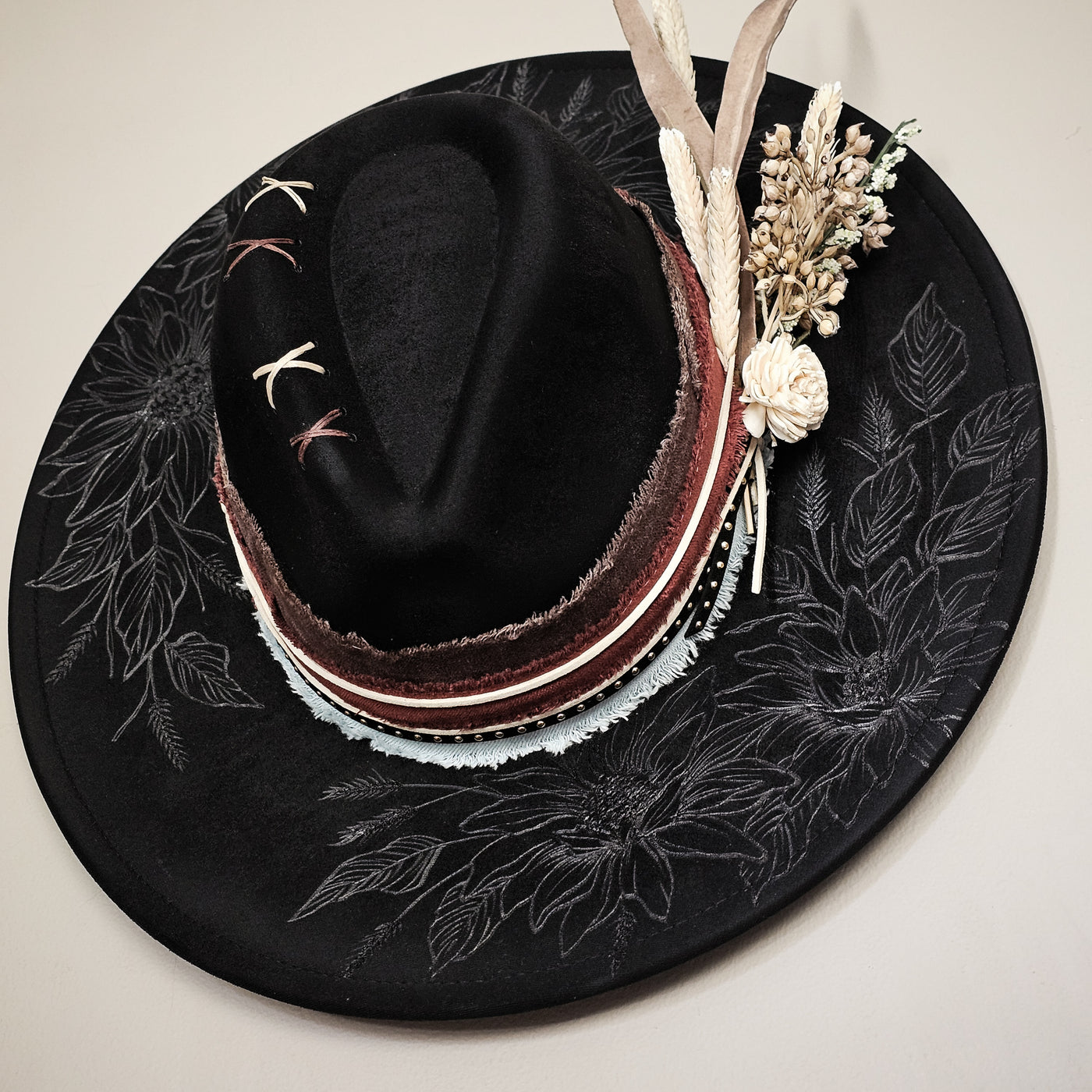 Black Beauty || Black Suede Burned Wide Brim Hat