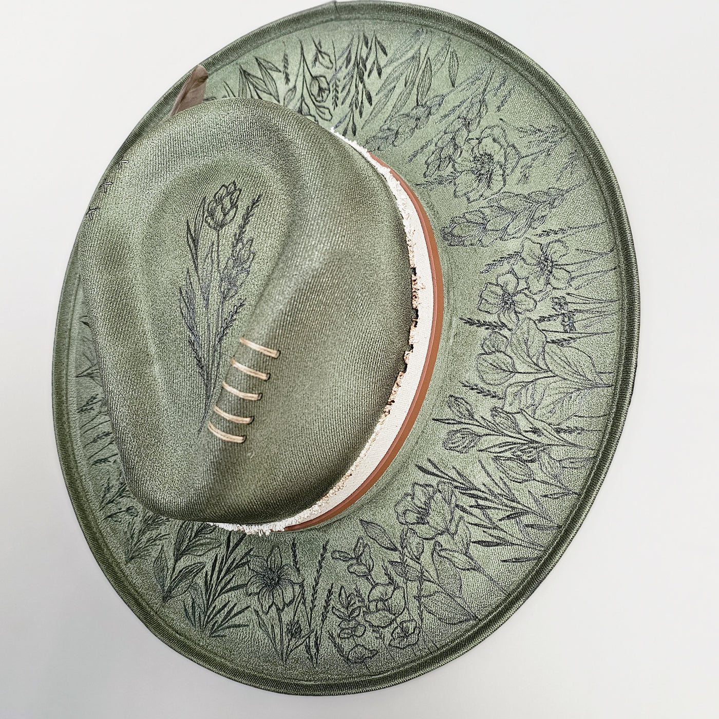 Wildflower |M| Moss Green Suede Burned Wide Stiff Brim/ Pencil Brim Hat
