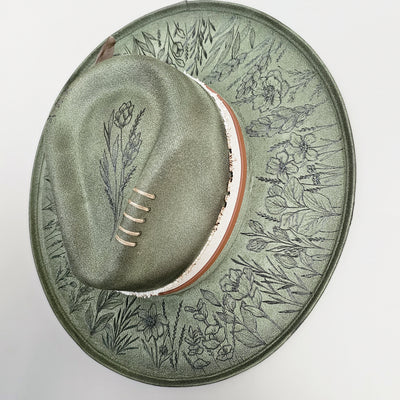 Wildflower |M| Moss Green Suede Burned Wide Stiff Brim/ Pencil Brim Hat