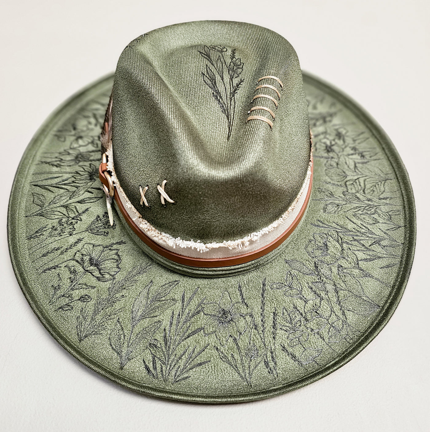 Wildflower |M| Moss Green Suede Burned Wide Stiff Brim/ Pencil Brim Hat