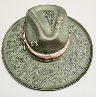 Wildflower |M| Moss Green Suede Burned Wide Stiff Brim/ Pencil Brim Hat