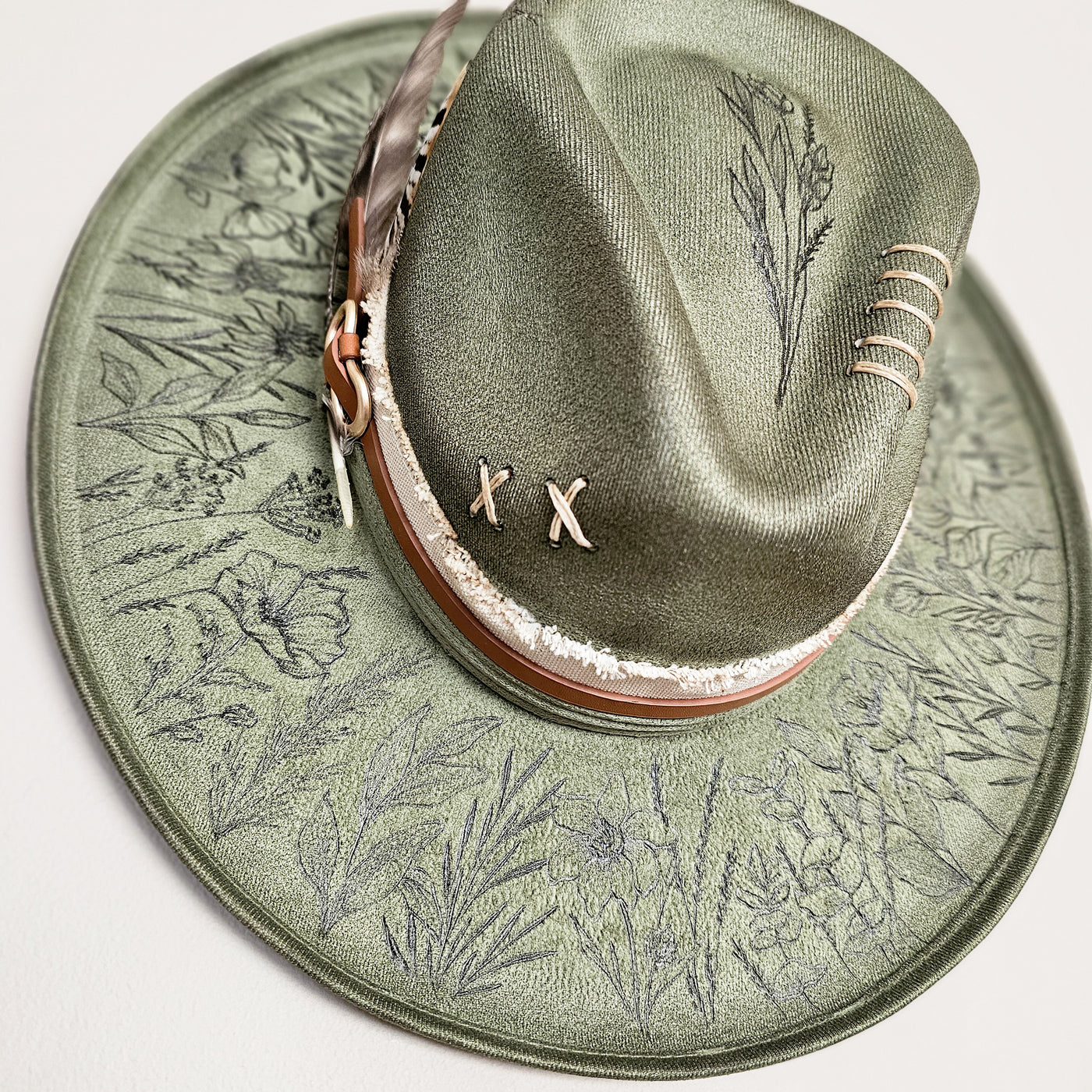 Wildflower |M| Moss Green Suede Burned Wide Stiff Brim/ Pencil Brim Hat