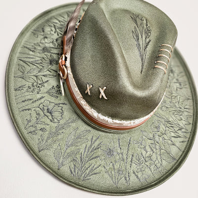Wildflower |M| Moss Green Suede Burned Wide Stiff Brim/ Pencil Brim Hat