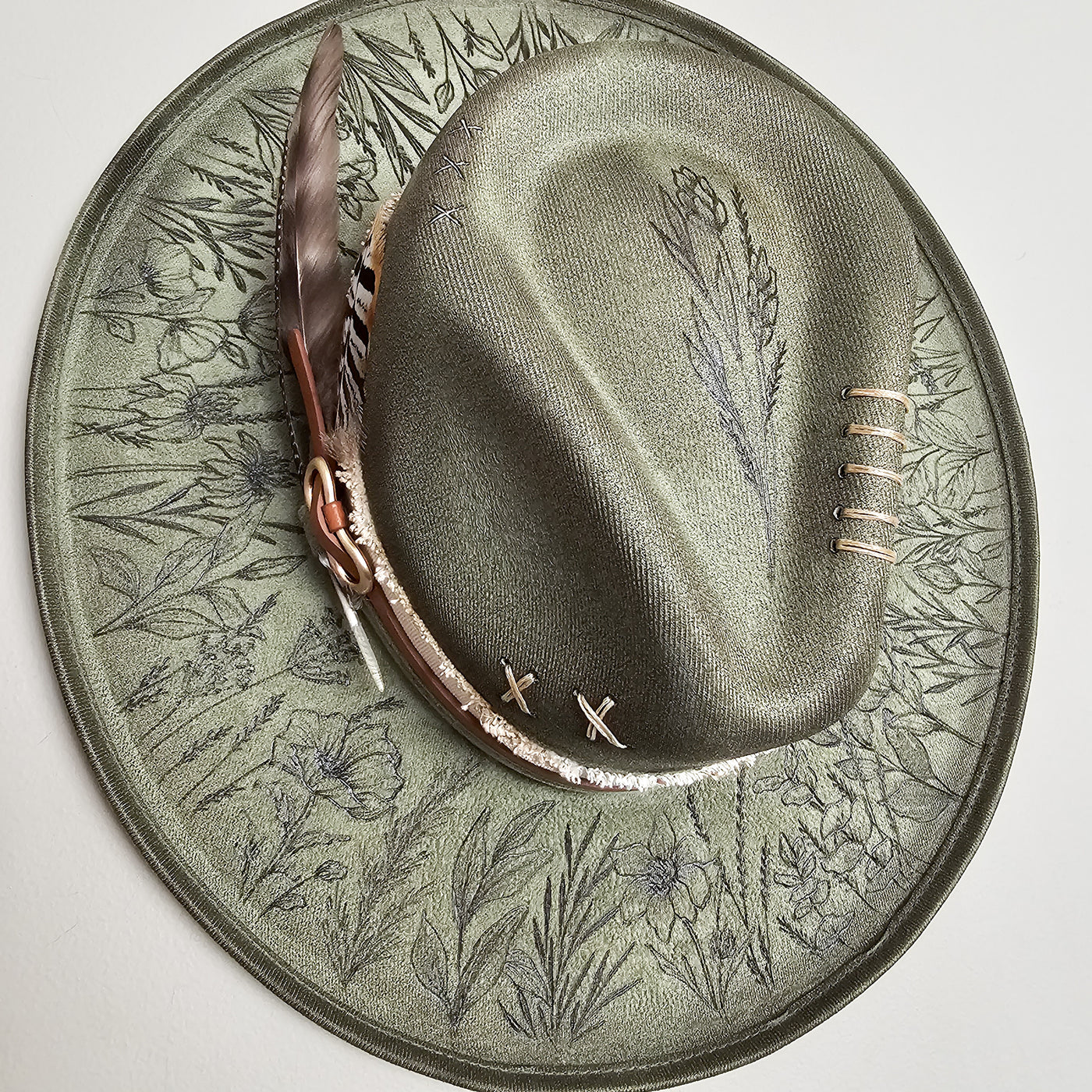 Wildflower |M| Moss Green Suede Burned Wide Stiff Brim/ Pencil Brim Hat