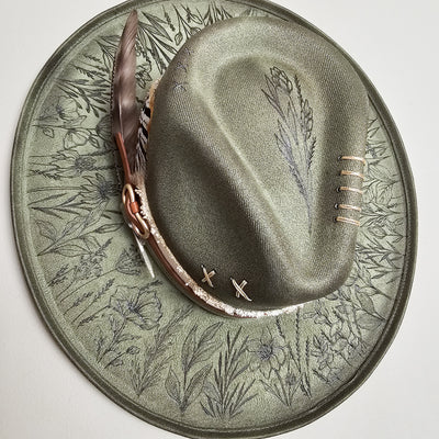 Wildflower |M| Moss Green Suede Burned Wide Stiff Brim/ Pencil Brim Hat