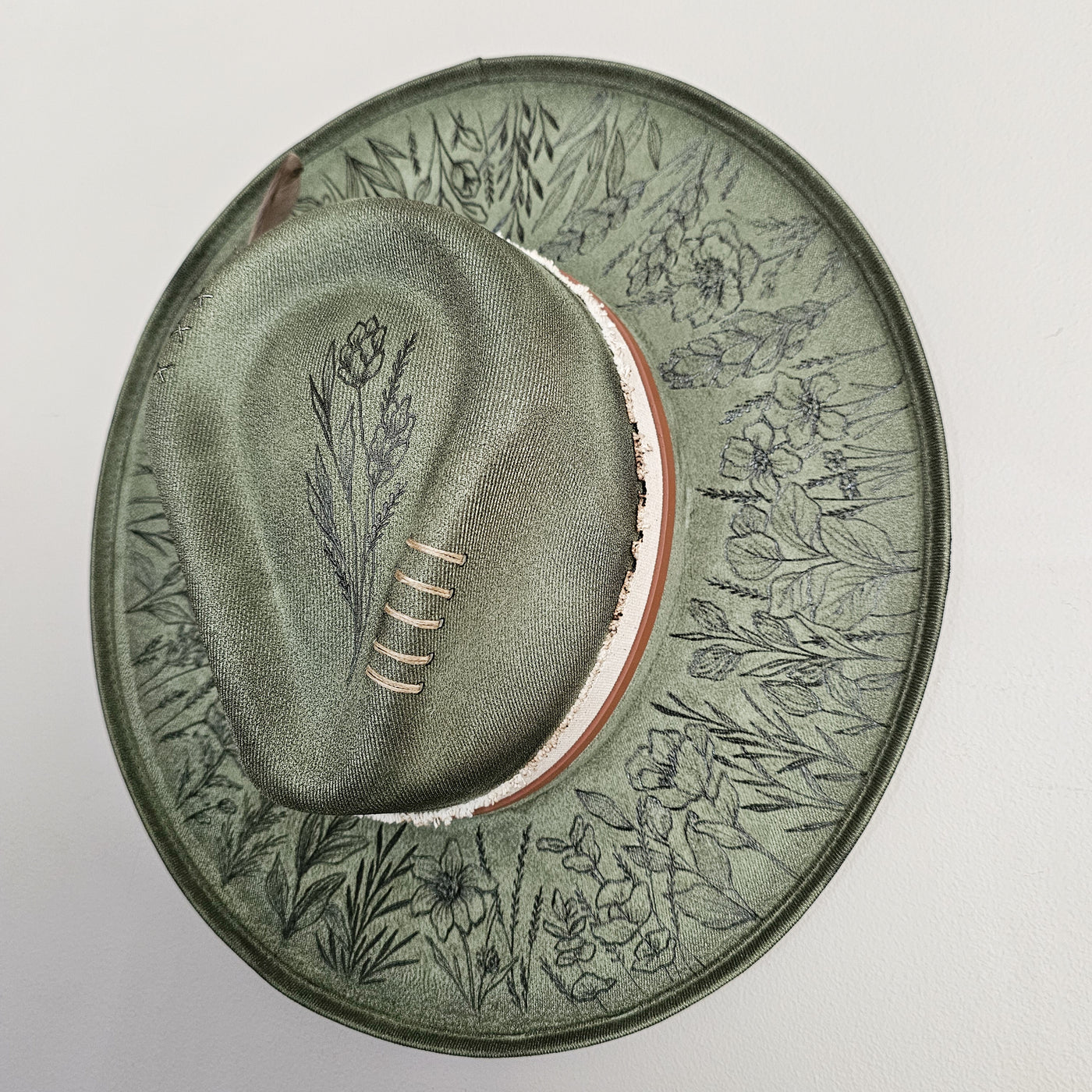 Wildflower |M| Moss Green Suede Burned Wide Stiff Brim/ Pencil Brim Hat