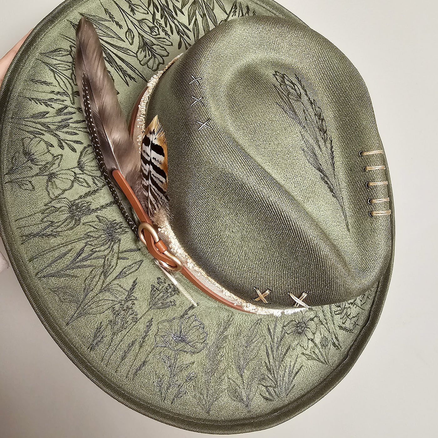 Wildflower |M| Moss Green Suede Burned Wide Stiff Brim/ Pencil Brim Hat