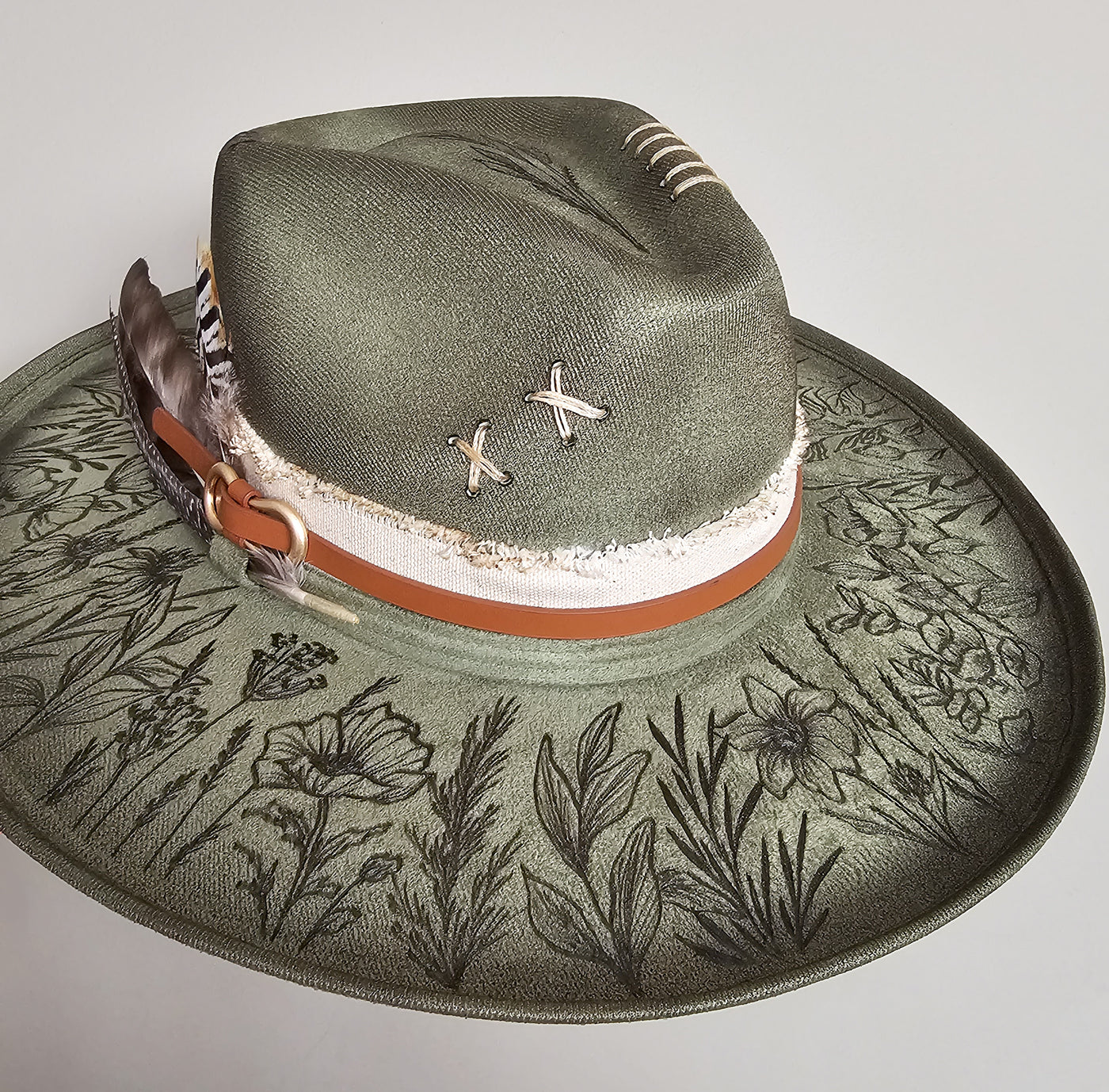 Wildflower |M| Moss Green Suede Burned Wide Stiff Brim/ Pencil Brim Hat