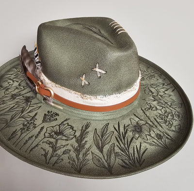 Wildflower |M| Moss Green Suede Burned Wide Stiff Brim/ Pencil Brim Hat