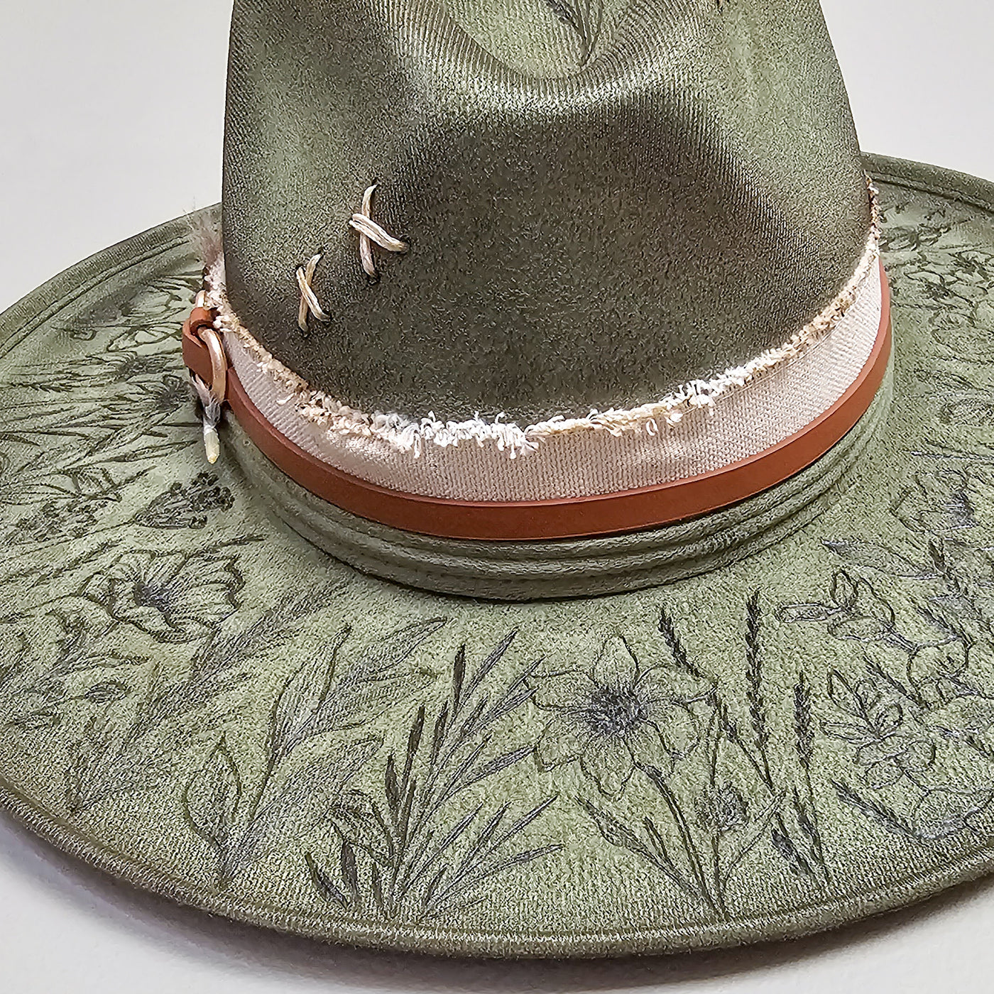 Wildflower |M| Moss Green Suede Burned Wide Stiff Brim/ Pencil Brim Hat