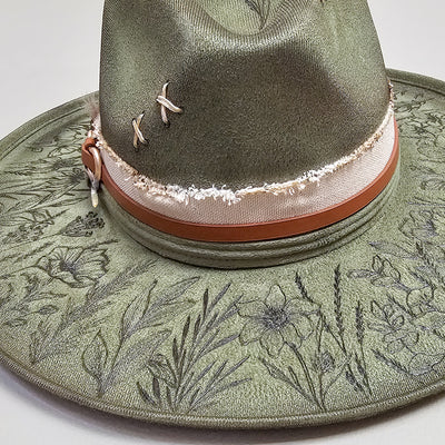 Wildflower |M| Moss Green Suede Burned Wide Stiff Brim/ Pencil Brim Hat